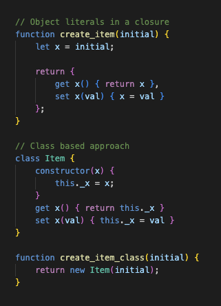 trueadm's tweet photo. It's a shame that JavaScript getters/setters on object literals (inside a closure) perform so poorly compared to getters/setters on classes. The difference in all JS VMs is huge – as much as 80x difference in some cases. https://t.co/0xHMOWGCAd