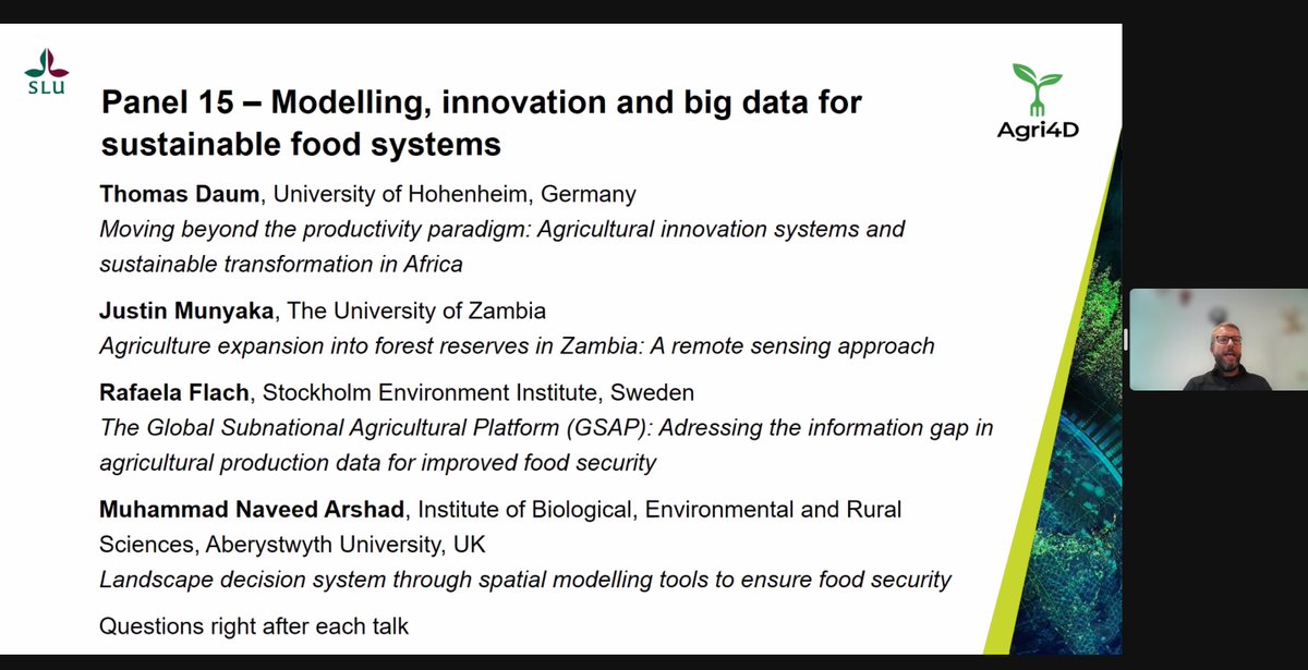 At #Agri4D w/ <a href="/mattiasjonsso14/">Mattias Jonsson</a> on the potential for sustainable #FoodSystems using modelling, innovation &amp;  #BigData.

💻Improving African agriculture through innovation systems, remote sensing in Zambia, addressing data gaps for #FoodSecurity &amp; spatial modelling tools.