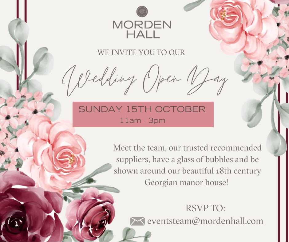 You are invited to our next Wedding Open Day at Morden Hall 
Meet the team, have a tour and enjoy a glass of bubbly on arrival.
• Sunday 15th October 11am-3pm
These are free events with onsite parking 
21 Morden Hall Road, SM4 5JD
RSVP to eventsteam@mordenhall.com