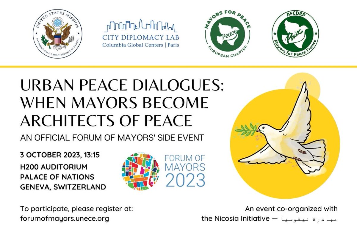 Join us at the UN in Geneva on Oct 3 to explore cities' driving role and future ambitions toward peace and security 🗓️ Tue, Oct 3, 1:15 pm–2:45 pm CEST 📍 H200 Auditorium, Palace of Nations, Geneva, and online 💻 Program and registration: citydiplomacylab.net/2023-urban-pea…