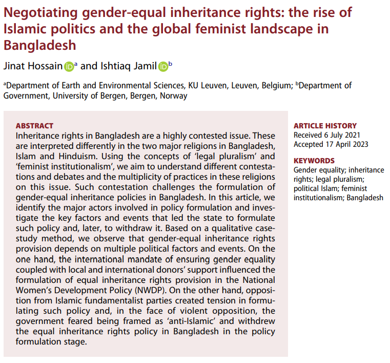 Religion, State & Society Journal (@rssjournal) on Twitter photo Gender-equal inheritance rights in Bangladesh depend on multiple political factors - negotiating international mandates, demands from women's groups within the country, and opposition from religious groups. Case study by <a href="/JinatHossain/">Jinat Hossain Zuthi</a> and Ishtiaq Jamil.
tandfonline.com/doi/full/10.10… Gender-equal inheritance rights in Bangladesh depend on multiple political factors - negotiating international mandates, demands from women's groups within the country, and opposition from religious groups. Case study by <a href="/JinatHossain/">Jinat Hossain Zuthi</a> and Ishtiaq Jamil.
tandfonline.com/doi/full/10.10…
