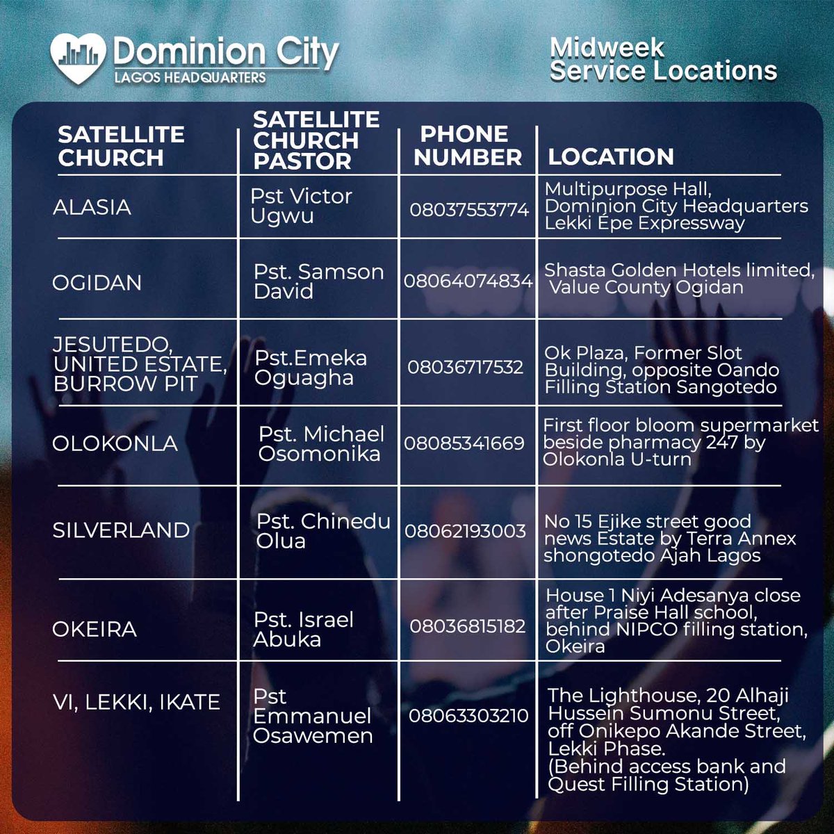 dominioncitylag's tweet photo. Staying victorious is all about thriving against all odds.
Join us this evening for midweek service across our various locations as we wrap up the series for the month, Don’t miss it.
Time: 6pm
Venue: Swipe to view
#DCLagosHq #MidweekRecharge #SeptemberSeries #EternitySeries https://t.co/mOEnI0jKCK