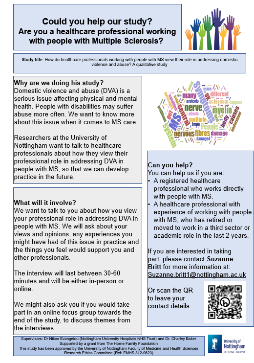 We want to explore healthcare professionals' views and/or experiences of #DomesticAbuse in people with #MultipleSclerosis. Interested? E-mail suzanne.britt1@nottingham.ac.uk or leave contact info at bit.ly/46pCwtP
Spread the word🙏
<a href="/CharleyBaker1/">Dr Charley Baker</a>