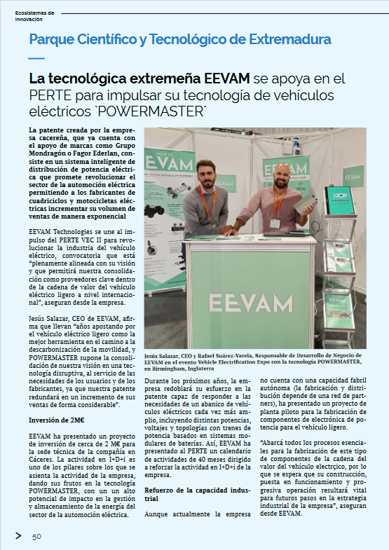 FundecytPCTEX's tweet photo. La tecnológica extremeña @EEVAM_Tech y su tecnología #POWERMASTER para revolucionar el mundo de la automoción eléctrica, en la nueva edición de la revista nacional #APTETechno de @APTE_es:
https://t.co/qwSWG8Ef5t https://t.co/K6cBvKaKPR