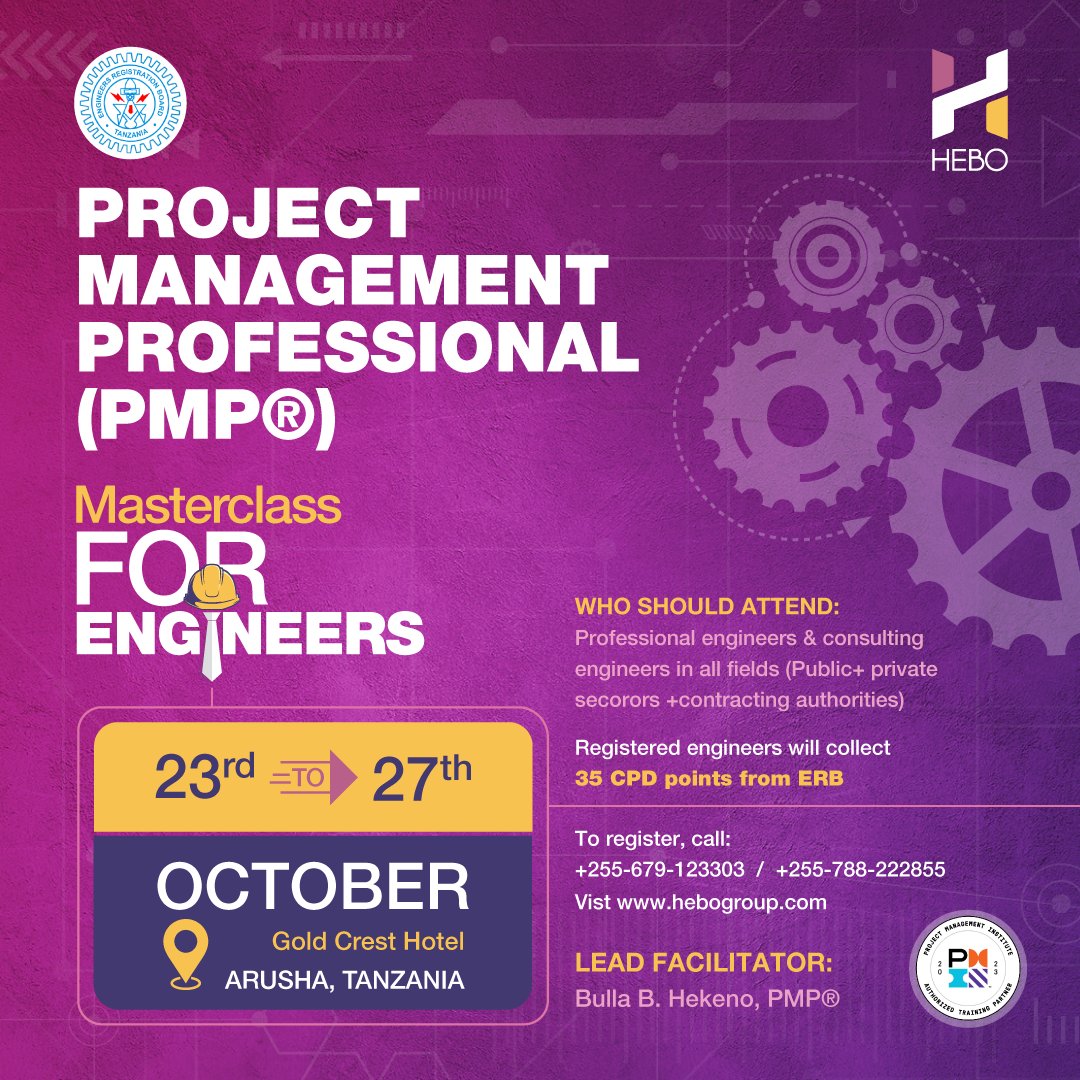 Great news for engineers across all fields! A special PMP Masterclass is coming up in October in Arusha, Tanzania at #GoldCrestHotel. Level up with critical project management skills attributed to enhancing technical skills, soft skills, and strategic business acumen. This PMP