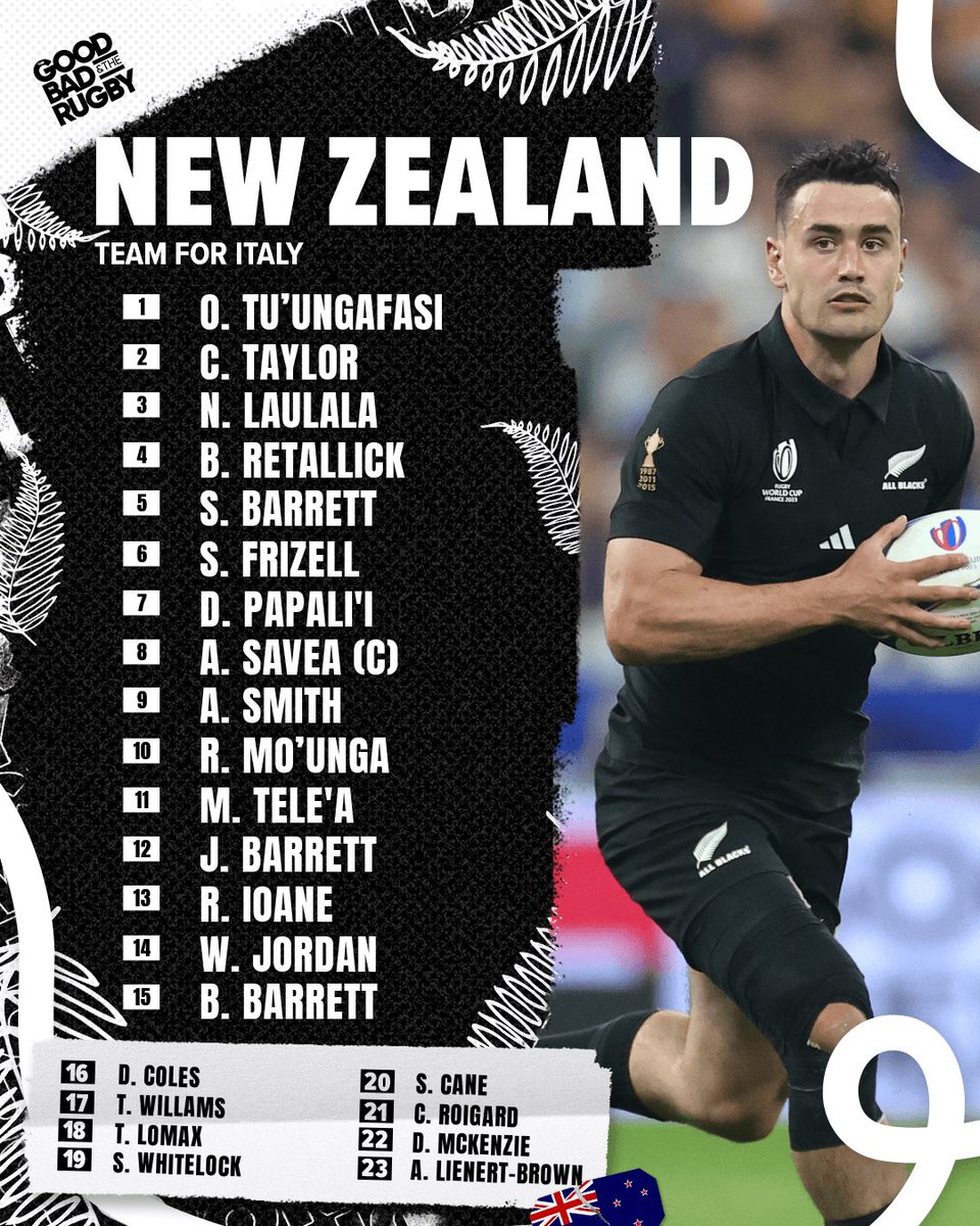 GoodBadRugby's tweet photo. Teams announced for Friday's huge Pool A clash. 😅

Italy are currently 2nd in the pool with 2 bonus points wins, New Zealand need to win to keep their tournament chances alive.

Can the Azzurri cause a huge upset and send the All Blacks home early?

#NZLvITA #GBR4 https://t.co/yotr87INzL