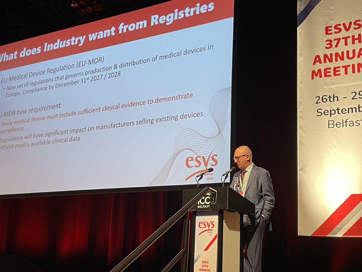 Great talk in the @vascunet @ESVSmembership session by @Jonnyboyle1 and @adpherwani : what does industry wants from vascular registries ? What updates from AAA project ?
