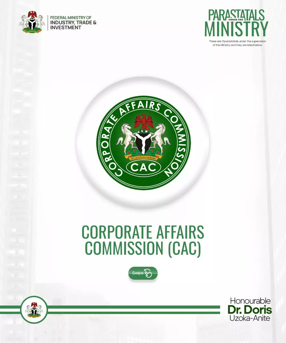 DrDorisAnite's tweet photo. Spotlight on Corporate Affairs Commission Nigeria popularly known as CAC! Did you know that CAC is one of the parastatals under @TradeInvestNG ? Join the movement - Follow, Like, and Repost. #NaijaCAC
#spotlightoncac #BusinessRevolution #FollowLikeRepost
#InvestinNigeria https://t.co/RAhLlDF8k4