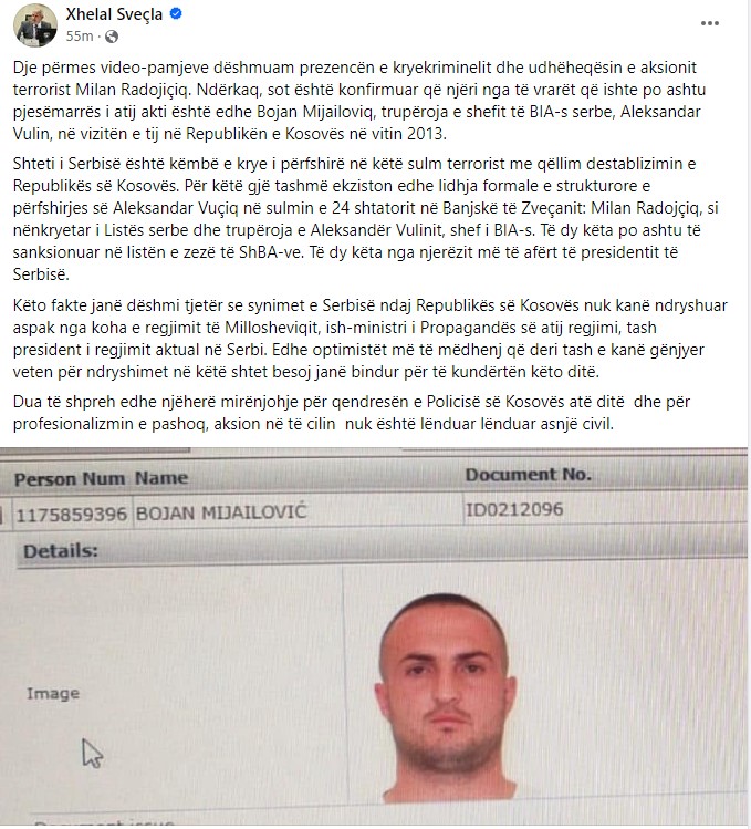 jehonahulaj's tweet photo. The Minister of Internal Affairs has announced that one of the attackers who was killed on Sunday in #Banjske was the bodyguard of the head of the Serbian BIA, #AleksandarVulin
"The State of Serbia is fully involved in this terrorist attack", said @XSvecla https://t.co/9Hft62nXPW