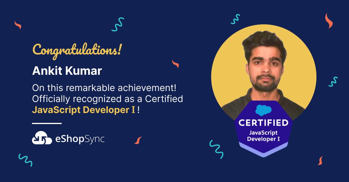 Congratulations to Ankit Kumar on becoming a certified @salesforce Javascript Developer I. May you continue to learn and take big leaps towards success. #javascript #Salesforce #crm #developer