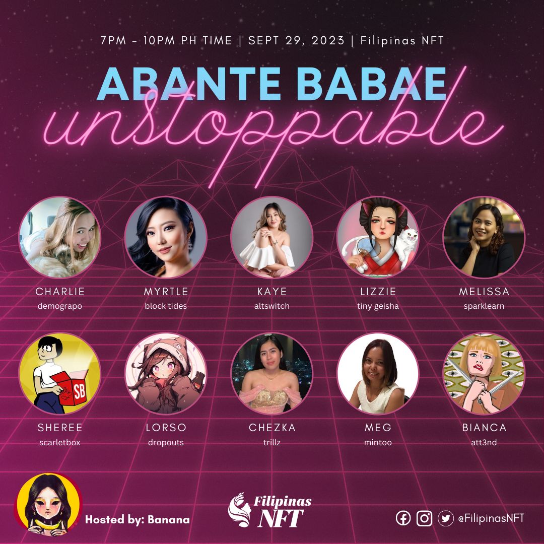 FilipinasNFT's tweet photo. Let's end September with a bang with these Web3 Queens! 👑

Join us for a mega space this Friday at 7 pm, featuring some of the phenomenal women in Web3 as they continue to make their mark on the digital frontier!

Hosted by: Banana 🍌

Save the date! LFG! 🚀

#FilipinasNFT https://t.co/Rrnx2Xq6LG