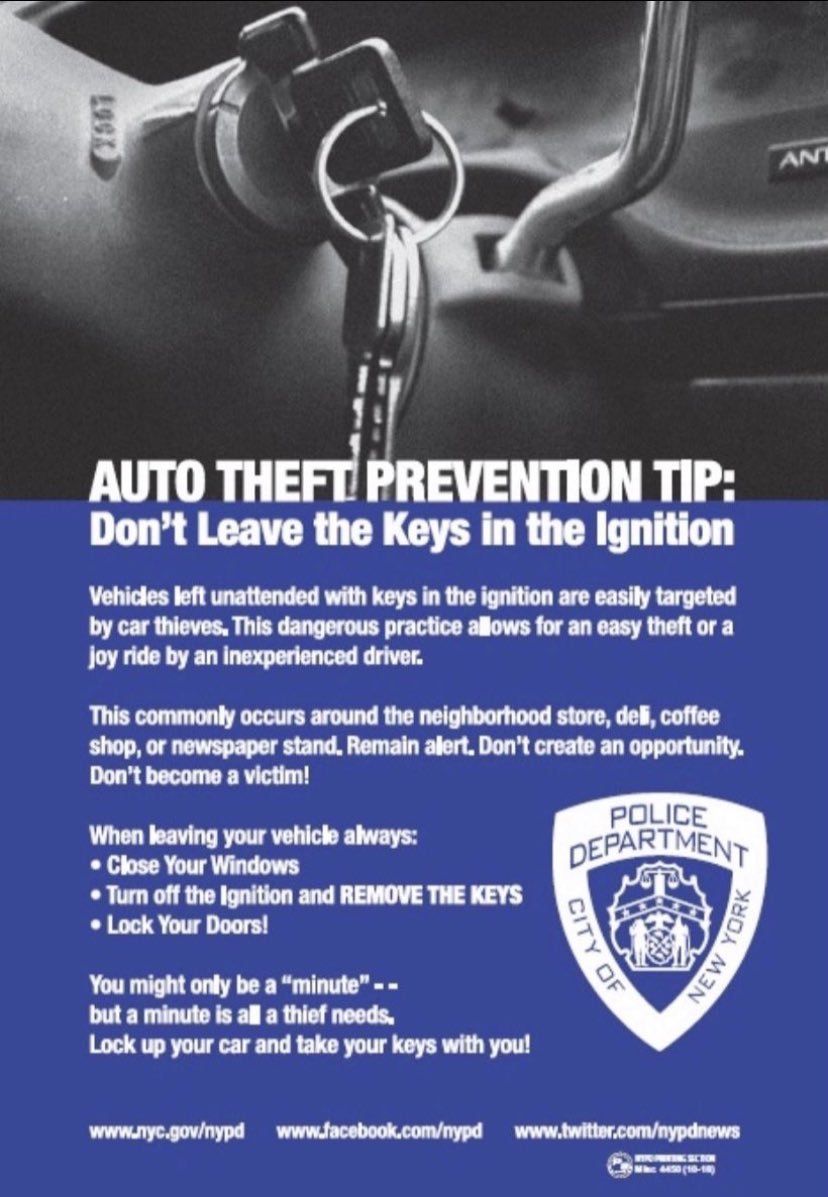 🚨Follow these important tips and safeguard your vehicle at all times!
When leaving your vehicle:
-Close all windows.
-Turn off the ignition and remove the key or key fob.
-Lock all doors.
-Remove all valuables from vehicle.