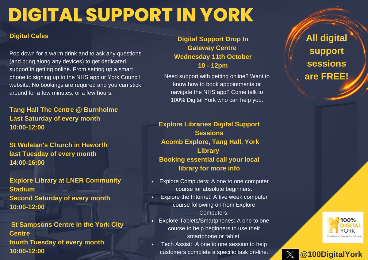There is Digital Support available across York.

All digital support sessions are FREE and offer you help, advice and a friendly face. learn about getting online, staying safe and making the most of the digital world.

<a href="/exploreyork/">Explore York</a> <a href="/Keeping_Digital/">Keeping Digital Foundation</a> @100DigitalYork