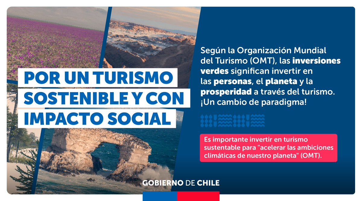 🌍🇨🇱 Feliz #DíaMundialDelTurismo 2023. Este año el lema de la <a href="/UNWTO/">UN Tourism</a> es "Turismo e Inversiones Verdes" 💚🌱, una invitación a reflexionar y contribuir al #turismosostenible para que genere un impacto social positivo. 

👀 Atento a las actividades que impulsaremos con <a href="/Sernatur/">Sernatur</a>.