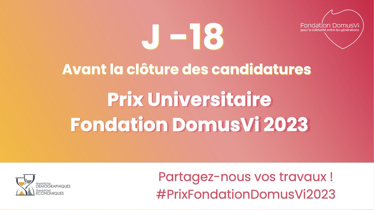 Fondation DomusVi (@fondat_domusvi) on Twitter photo ⏰ J-18 avant la clôture des candidatures du #PrixFondationDomusVi2023 de la <a href="/Fondat_DomusVi/">Fondation DomusVi</a> en partenariat avec <a href="/ChaireTDTE/">Chaire TDTE</a> récompensant les travaux de #recherche sur le lien #intergénérationnel !
❤️ Partagez vos projets avant le 15 octobre ! ➡️forms.gle/1UrwZeMA5PoGuW… ⏰ J-18 avant la clôture des candidatures du #PrixFondationDomusVi2023 de la <a href="/Fondat_DomusVi/">Fondation DomusVi</a> en partenariat avec <a href="/ChaireTDTE/">Chaire TDTE</a> récompensant les travaux de #recherche sur le lien #intergénérationnel !
❤️ Partagez vos projets avant le 15 octobre ! ➡️forms.gle/1UrwZeMA5PoGuW…