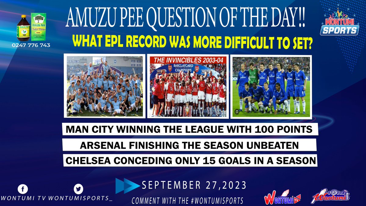 LAWSONSPORTS_'s tweet image. QUESTION OF THE DAY!!

WHAT EPL RECORD WAS MORE DIFFICULT TO SET?

A. MAN CITY WINNING THE LEAGUE WITH 100 POINTS
B. ARSENAL FINISHING THE SEASON UNBEATEN
C. CHELSEA CONCEDING ONLY 15 GOALS IN A SEASON

COM MENT WITH THE HASHTAG #WontumiSports FOR VALIDITY.🔥🔥🔥