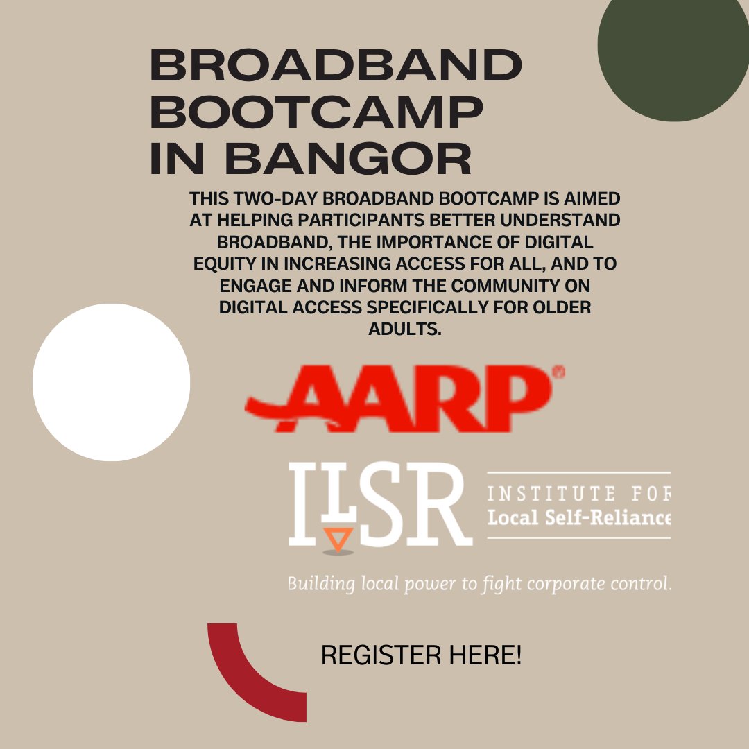 Sharing a great opportunity! AARP &amp; the Institute for Self-Reliance sponsoring a Two-day Broadband Bootcamp:
states.aarp.org/maine/broadban… #digitalequity #digitalskills