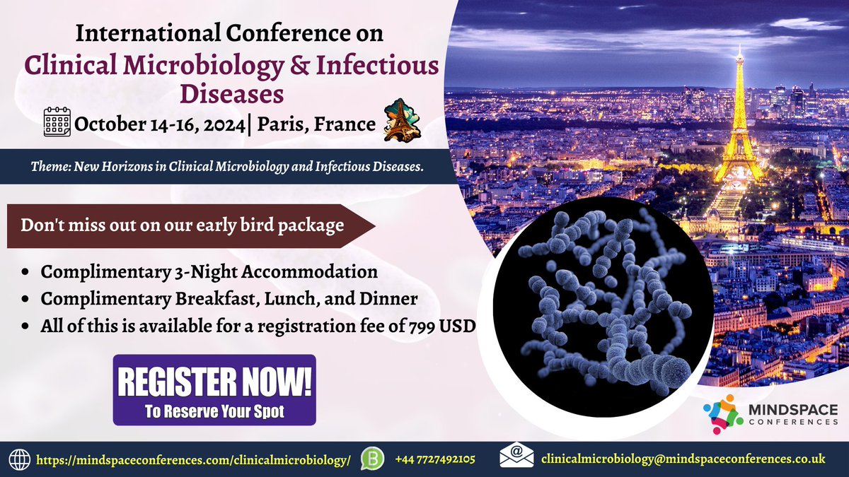 Clinicalmicro23's tweet photo. 🌍 Join us at the International Conference on Clinical Microbiology and Infectious Diseases in Paris, France 🇫🇷, October 14-16, 2024! 🦠
📌 Stay tuned for updates and registration.
Learn more: https://t.co/inBLIoQPHn
#ClinicalMicrobiology #InfectiousDiseases #ParisConference https://t.co/1M8s0lEuwD