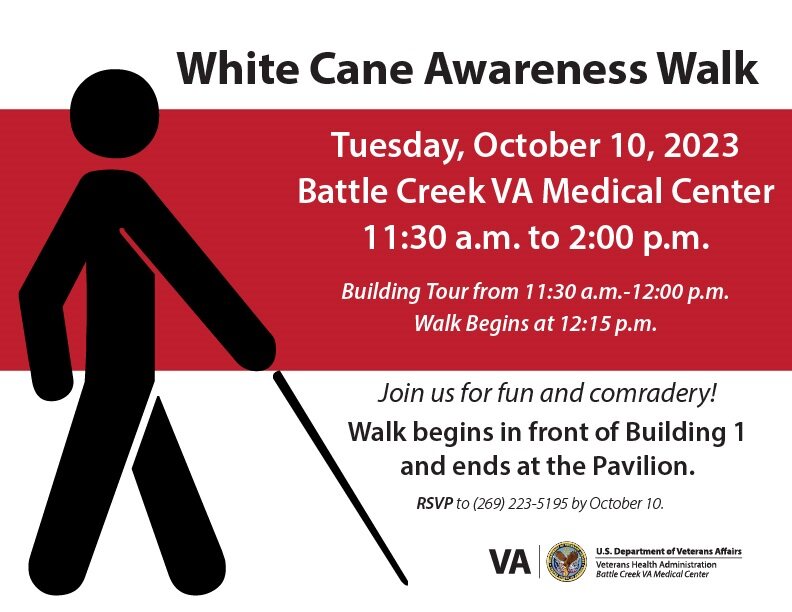 BattleCreekVAMC's tweet image. Being partially or completely blind should not prevent people from living their life safely. In support of Veterans with visual impairments come out to the White Cane Awareness Walk🦯
This event is open to the entire Battle Creek Community.
#VA #WhiteCaneDay