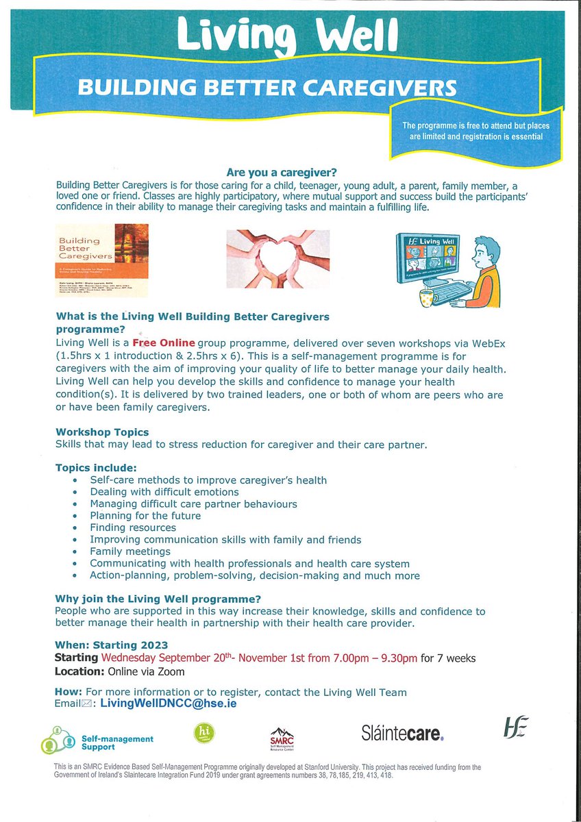 𝕷𝖊𝖆𝖍 𝕳𝖆𝖗𝖗𝖎𝖓𝖌𝖙𝖔𝖓 🤍💜 (@leahsnewworld) on Twitter photo Limited places‼️Building Better Caregivers starting tonight Thursday September 27th for 6 weeks. FREE programme provides mutual support allows #carers to build confidence in their ability to manage their caregiving &live a fulfilling life. Email LivingWellDNCC@hse.ie to register Limited places‼️Building Better Caregivers starting tonight Thursday September 27th for 6 weeks. FREE programme provides mutual support allows #carers to build confidence in their ability to manage their caregiving &live a fulfilling life. Email LivingWellDNCC@hse.ie to register