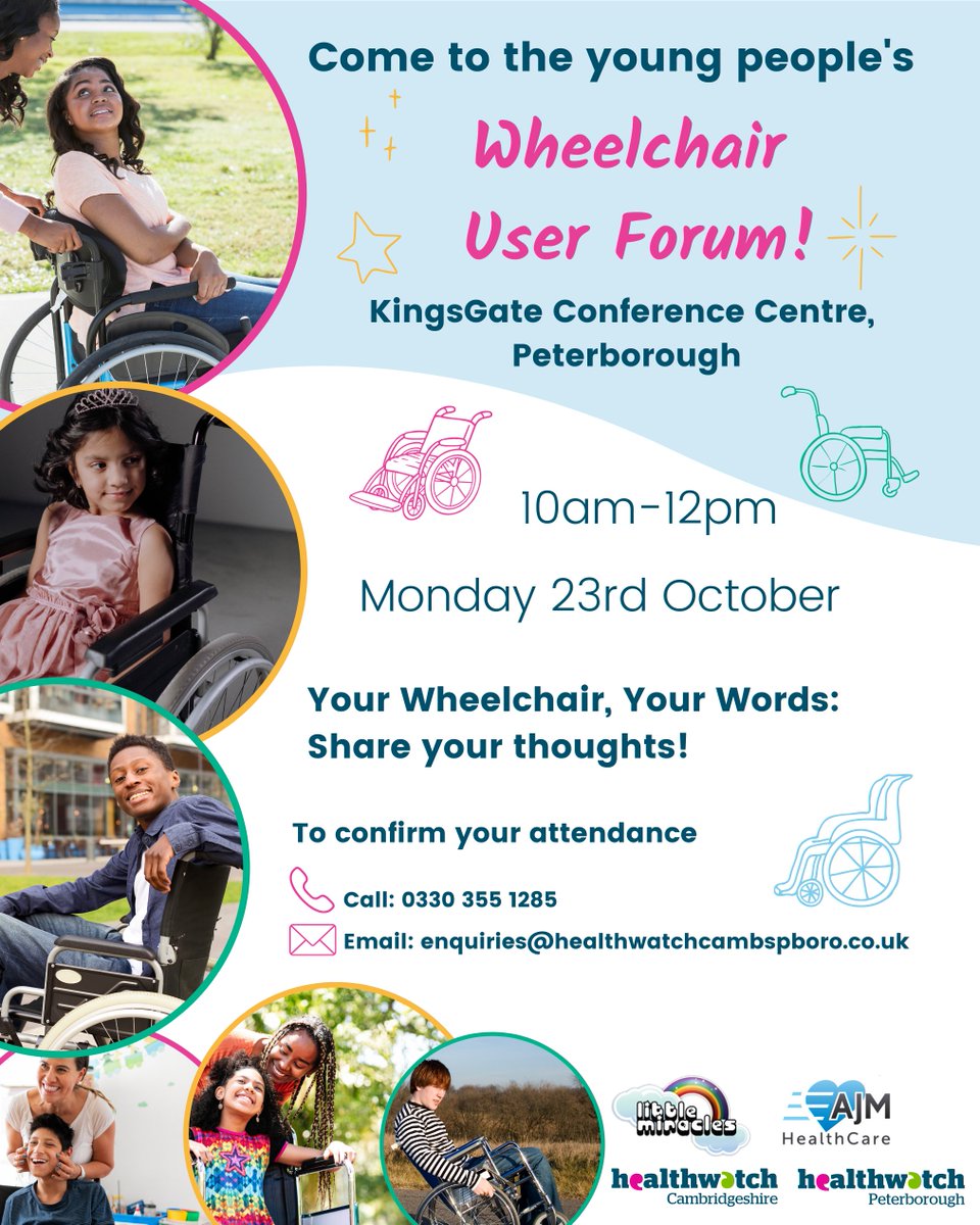 Join our Young People's Wheelchair User Forum with @littlemiraclescharity and @ajmhealthcare. Connect with others, discuss challenges and work together to create a more accessible and inclusive future. To reserve your spot and for more details visit: healthwatchcambridgeshire.co.uk/event/2023-10-…