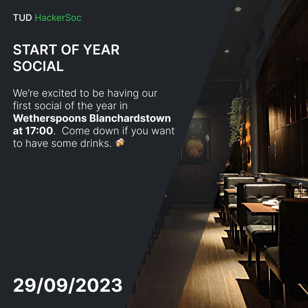 Hey Everyone! 

Come join us for our first social of the year on Friday, September 29th. It's going to take place in Wetherspoons Blanchardstown  and starts at 5pm. Come say hi, and have a chat over a cold drink! 

See you there!