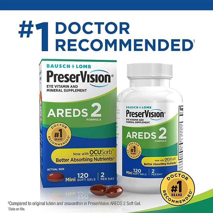 PreserVision AREDS 2 Eye Vitamin &amp; Mineral Supplement, Contains Lutein, Vitamin C, Zeaxanthin, Zinc &amp; Vitamin E, 120 Softgels (Packaging May Vary)
order now 
amzn.to/3PswtxI