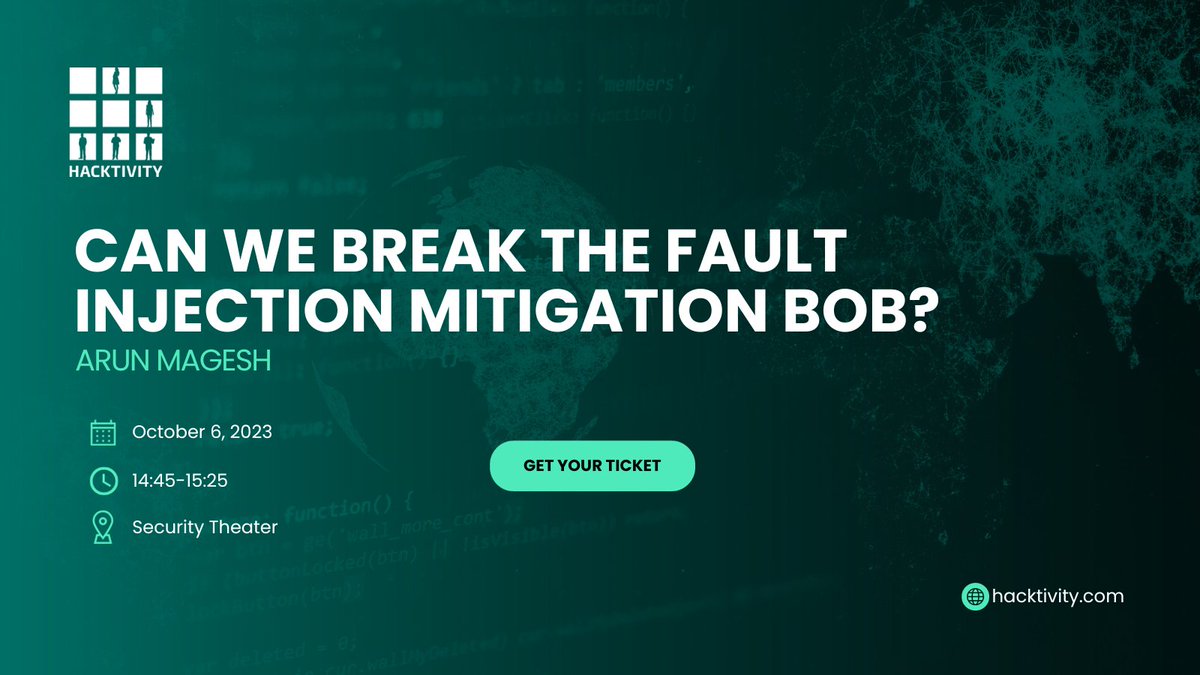 hacktivityconf's tweet image. 🔍 Join us for an intriguing session on #FaultInjection by @marunmagesh at #Hacktivity2023!
Discover the ins and outs of this powerful hardware technique, assessing security and robustness in hardware and software systems.
Tickets: t.ly/q6hJB
#Hacktivity