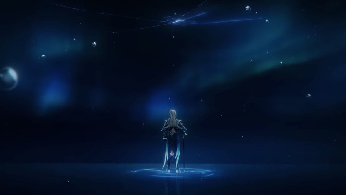 FUSHIGUR0's tweet photo. // 4.1 spoilers &amp; 4.2 leaks

Childe’s perspective in the primordial sea is the other side of the cracked sky in Neuvillette’s demo.

In the whale’s splash art, it’s breaking through a barrier— coming from a purple realm into a blue one, aka from Childe’s side to Neuvillette’s. https://t.co/DQXqWCL8Mr