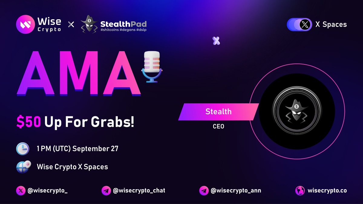 stealthpadxyz's tweet photo. @stealthpadxyz
📷Rules … 📷Like, RT &amp; Tag 3 Friends  📷Set Reminder: https://t.co/ytcKP4wpmh…#AMA #WiseCrypto #XSpaces #STEALTH https://t.co/aBuBL1VBKC
