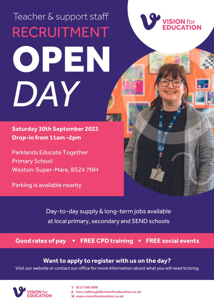 Weston-Super-Mare Open Day - BS24 7NH
30/09/23, 11.00-14.00
Parklands Educate Together Primary School
Weston-Super-Mare, BS24 7NH 
maps.app.goo.gl/Gt3MSM5p4KAbBw…

For more information, contact Fran on 0117 248 2600 or email fran.redihough@visionforeducation.co.uk