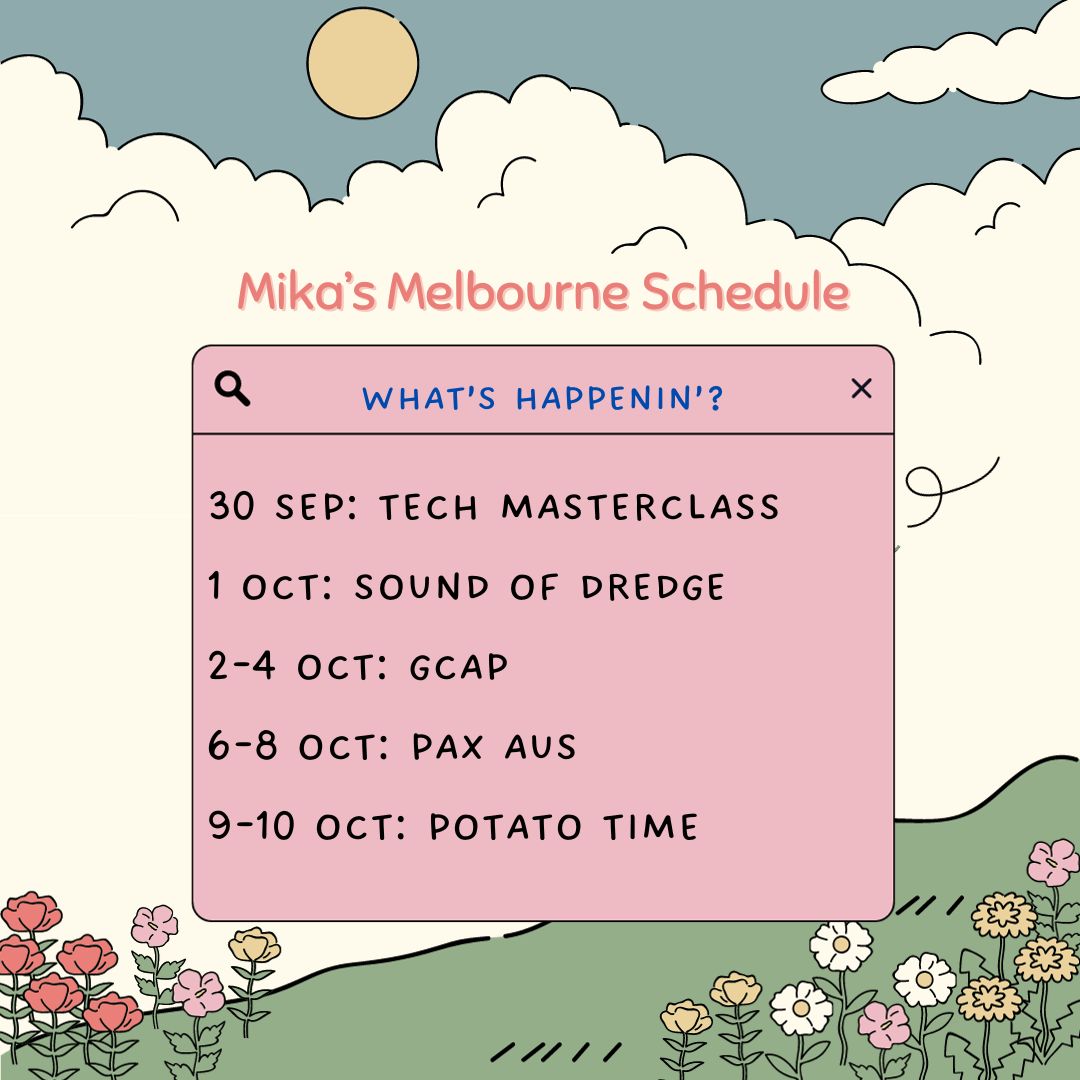 MikatteMusic's tweet photo. I've got a jam-packed line-up during #melbournegamesweek! Keen to meet new and familiar faces. Would appreciate recs for cafes, restaurants and good nature spots to do field recordings!๐
#highscore23 @apraamcos @creative_vic @GamesWeekMelbs @GCAPConf @paxaus https://t.co/nPqBYEvv6q