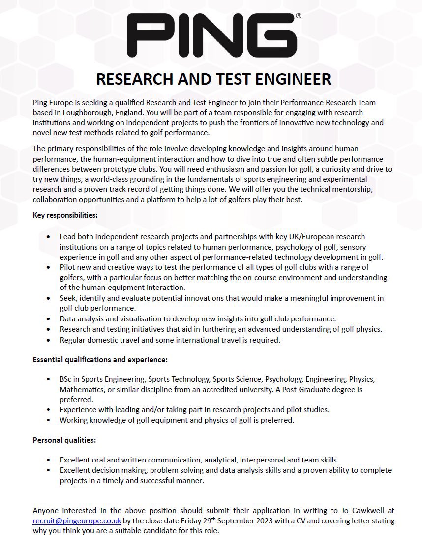 For all recent graduates of #SportEngineering - great #job opportunity currently advertised with @PingTour Deadline Friday!