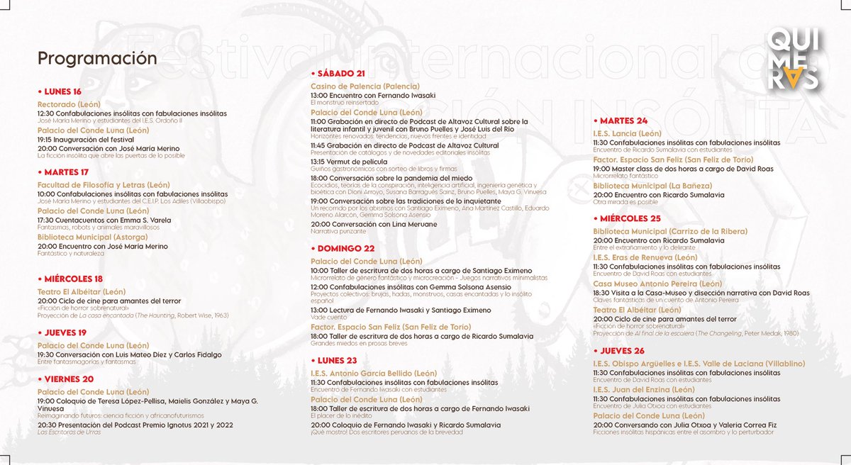 ‼️🔈“Quimeras. Festival Internacional de Ficción Insólita” 📚🤸🏻‍♂️. Del 16 al 29 de octubre. Nos vemos en #León para hablar de #africanofuturismo con <a href="/MaielisGonzalez/">Maielis González</a> y #MayaVinuesa y presentaremos el nuevo libro de cuentos de Lina Meruane publicado por #literaturafantástica