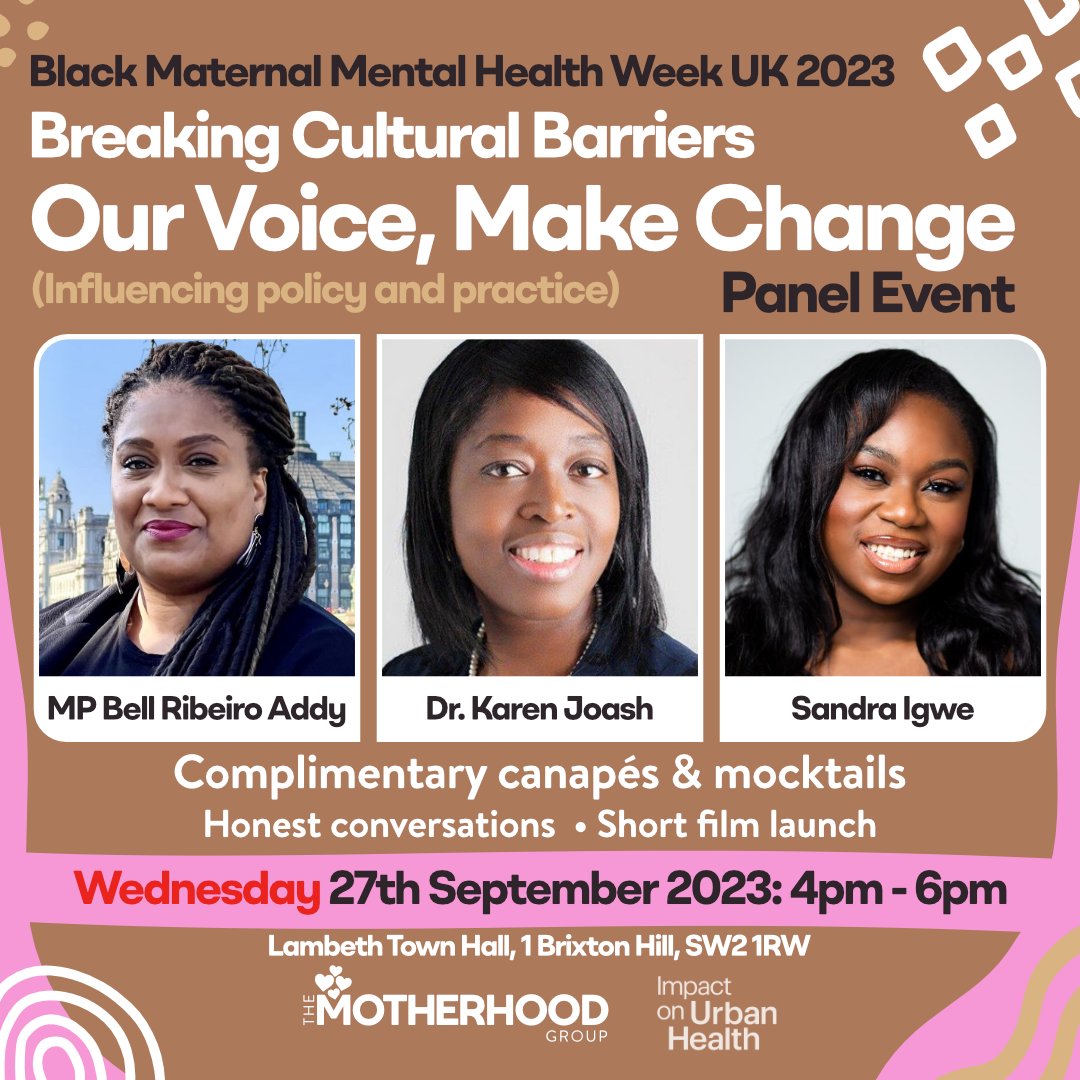 MotherhoodGroup's tweet photo. The third day of #BMMHW23 we are discussing the importance of breaking cultural barriers in Black maternal mental health care through changing policies and advocating collectively.
By purposefully enacting new policies at institutional and governmental levels to mandate standards around screening, treatment, competency training, funding, hiring practices, quality improvement, and accountability around racial disparities can help ensure Black women have access to unbiased, culturally-informed, compassionate, and effective mental health care before, during, and after pregnancy.
Today, we have our MAIN EVENT at Lambeth Town Hall where we will be launching a short film in partnership with Impact on Urban Health & networking over mocktails and canape's.
Our CEO @sandeeigwe will also be speaking at Mother Tongue, Motherhood and Mental Health - organised by West London NHS Trust.
Swipe to see the events we have today that will be focused on discussing policies, whilst we advocate for change by speaking up about Black Maternal Mental Health!
#BMMHW #BMMHW23 #BlackMentalHealth ##MentalHealthAwareness #Lambeth #Ealing #WestLondon #SouthLondon #Brixton #Diversity #NHS #Labour #culturalbarriers