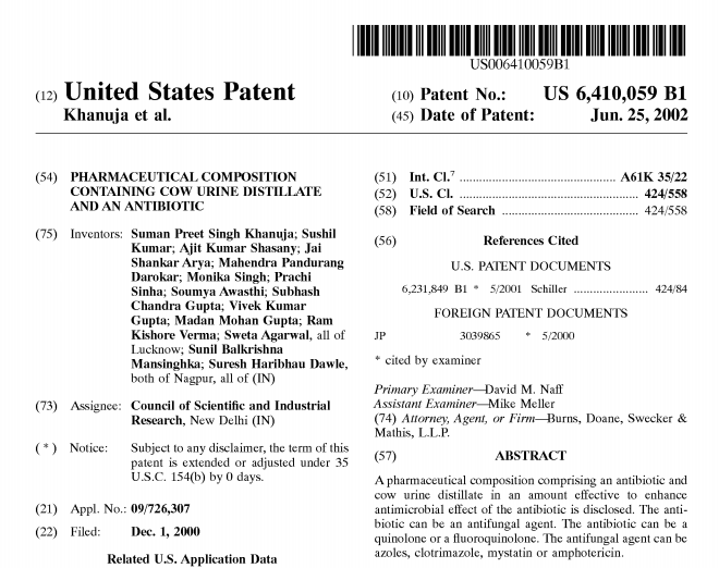 Desai_Darshan1's tweet photo. Cow urine has been granted US Patents (No. 6,896,907 and 6,410,059) for its medicinal properties, particularly as a bioenhancer and as an antibiotic, antifungal and anticancer agent. 

#MedTwitter #Ayurveda https://t.co/iG7NAyNBsZ
