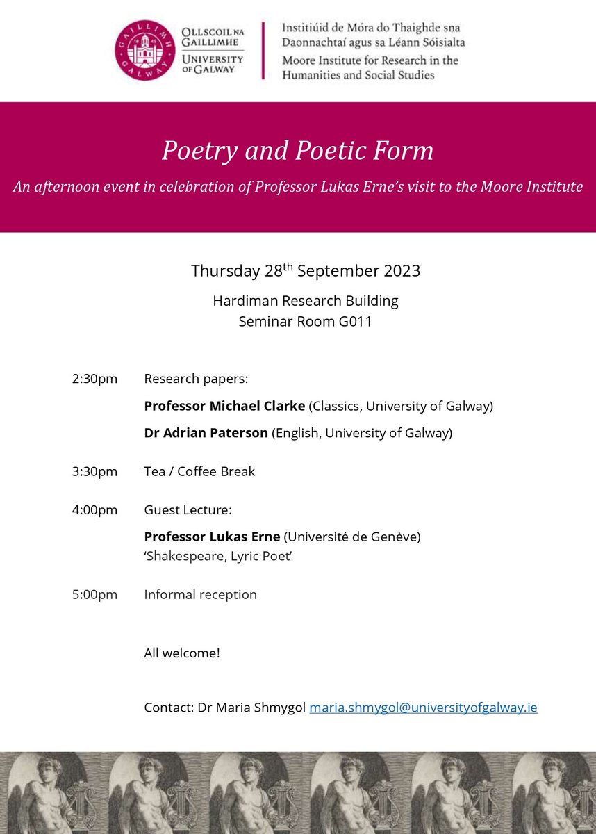 Join us on Thursday 28th September in the Hardiman Building for papers by Michael Clarke (@GalwayClassics) & Adrian Paterson (@SchoolENCA) and a guest lecture by Lukas Erne (@UNIGEnews @Lettres_UNIGE). All welcome! @camps_galway @uniofgalway