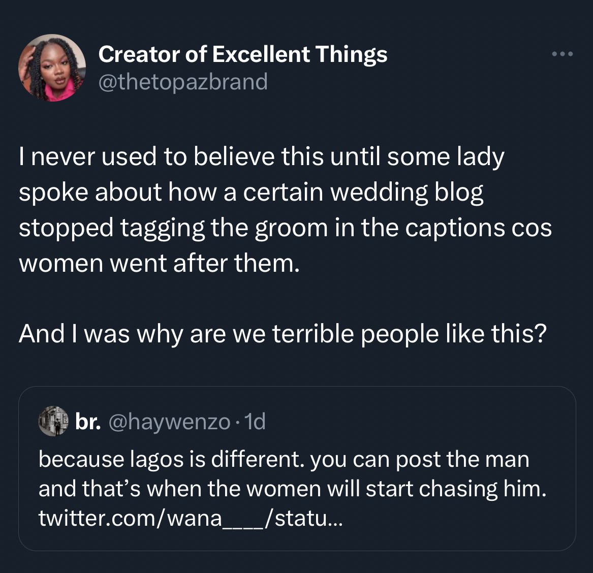 ThaBoyYom's tweet photo. So my observation here is… 

A Girl posts her Suitor and majority of other toasters automatically starts giving her space..

A Man posts his Girl and BOOM!, Girls start flocking around him(even after he marries)

If these facts👇have been established time after time, Why is there now a popular narrative that says “If you don’t take care of your Girl, another Man will” ?

When ideally, reality says the opposite.. 

Which is; “IF YOU DON’T TAKE CARE OF YOUR MAN, ANOTHER WOMAN WILL”

You see it’s all manipulation ?