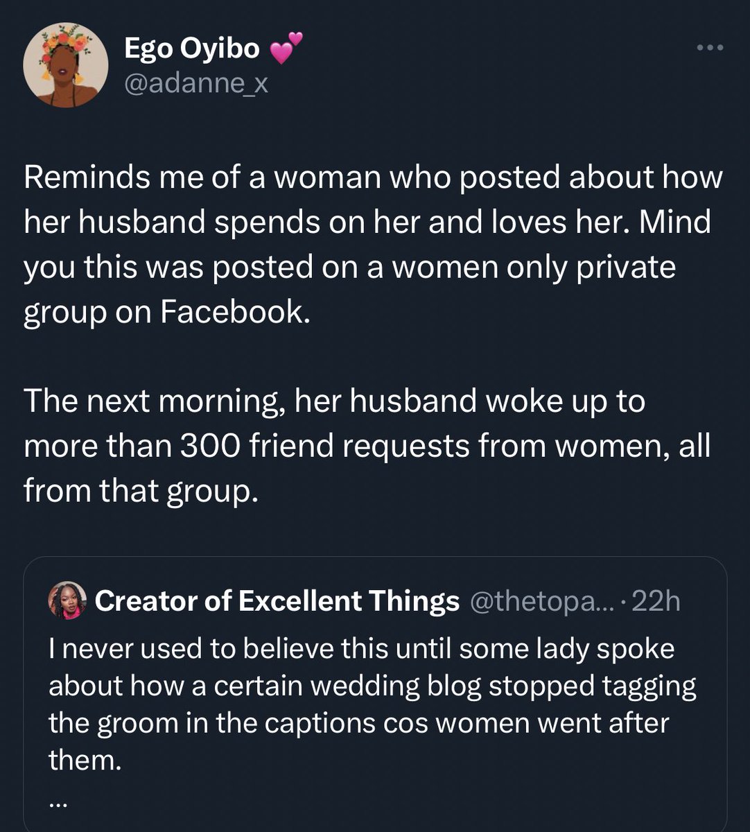 ThaBoyYom's tweet photo. So my observation here is… 

A Girl posts her Suitor and majority of other toasters automatically starts giving her space..

A Man posts his Girl and BOOM!, Girls start flocking around him(even after he marries)

If these facts👇have been established time after time, Why is there now a popular narrative that says “If you don’t take care of your Girl, another Man will” ?

When ideally, reality says the opposite.. 

Which is; “IF YOU DON’T TAKE CARE OF YOUR MAN, ANOTHER WOMAN WILL”

You see it’s all manipulation ?