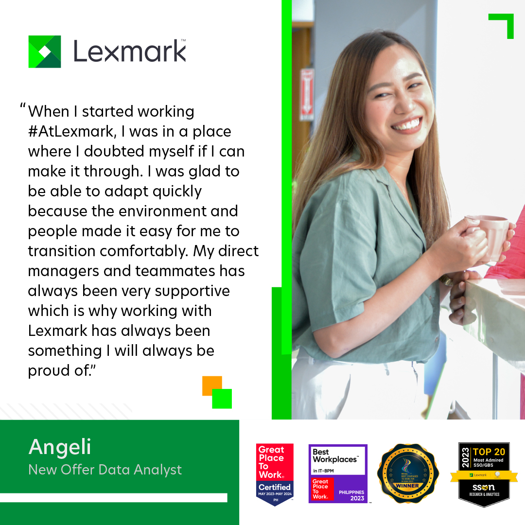 lexmarkcebu's tweet photo. Meet Angeli, our New Offer Data Analyst here #AtLexmark!

Angeli recalls her challenges as a new hire and how she found her stride at work thanks to the guidance from her incredible teammates and managers.

Want to know more about us? Click here: https://t.co/7IGXLfTUll https://t.co/P2nmi4gflQ
