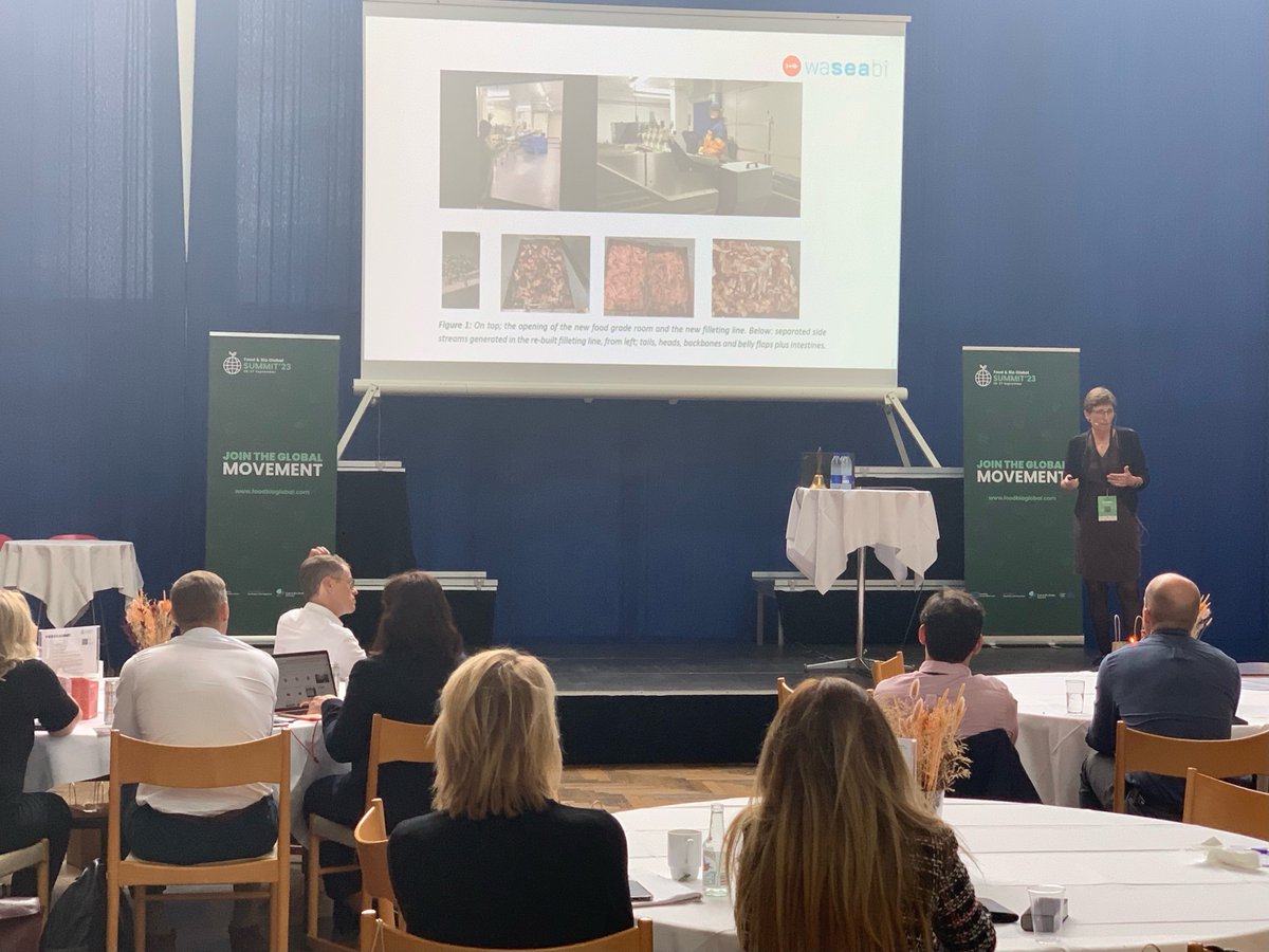 📢Yesterday,  WaSeaBi results were presented at the Food &amp; Bio Global Summit 2023

On the slide, you can see photos from the opening of a new food grade room &amp; a new filleting line plus the separated side-streams generated in the re-built filleting line

🔗shorturl.at/gjoY7