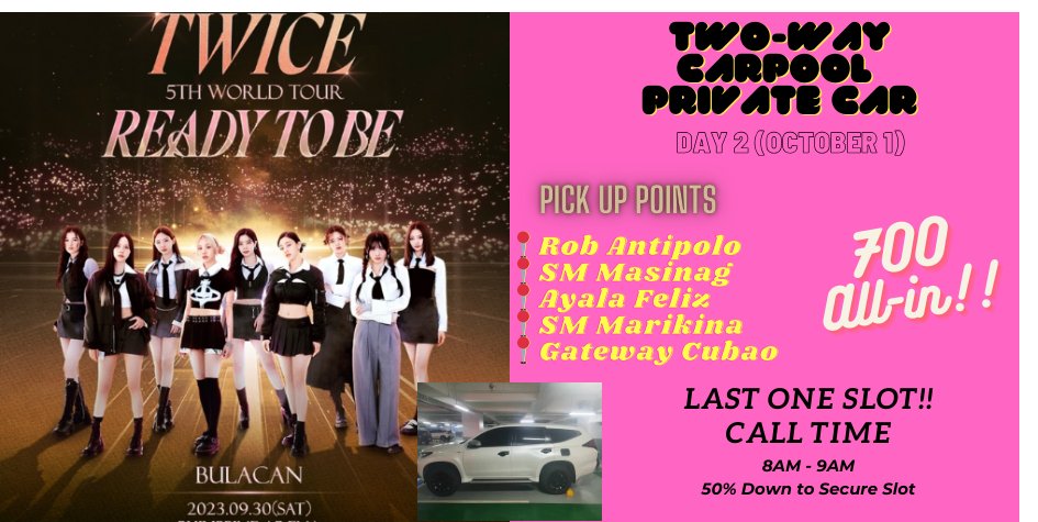 chuajohn03's tweet photo. LF: ONCE PASSENGERS NA TAGA-RIZAL  TWICE READY TO BE BULACAN CARPOOL/ CAR SERVICE    PS: private car and manonood din po kami ng concert😊 #TWICE_5TH_WORLD_TOUR #TWICEINBULACAN #TWICE_5TH_WORLD_TOUR_IN_BULACAN #TWICE #READYTOBE #TWICE_5TH_WORLD_TOUR 

LAST ONE SLOT NA LANG PO!! https://t.co/TB8OaGPECb