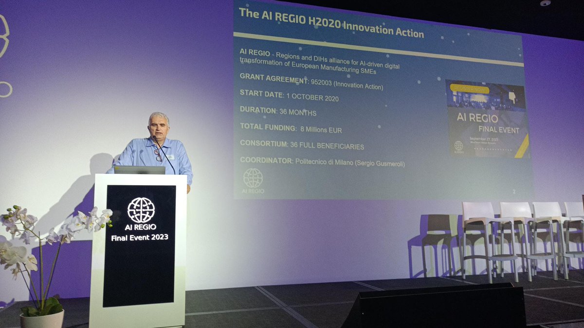 ai_regio's tweet photo. The #AIREGIO final event in Brussels has started now🙌
💬Our coordinator Sergio Gusmeroli from @polimi is giving a short overview of AI REGIO in his introductory part "MAI-REGIO: My Event for AI driven digital transformation and regional innovation"!
#AIREGIOfinalevent https://t.co/aUf9AvejQI