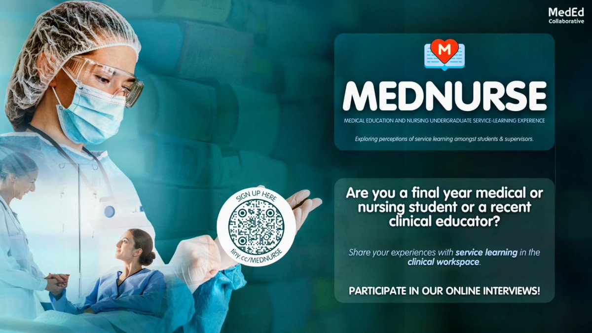 🏥 Announcing new study #MEDNURSE

👩‍⚕️Are you a final year medical or nursing student or a recent clinical educator?

✨ Share your experiences of service and learning in our online interviews 

✨ Help shape the future of clinical education!

Interested? newcastle.onlinesurveys.ac.uk/mednurse-expre…