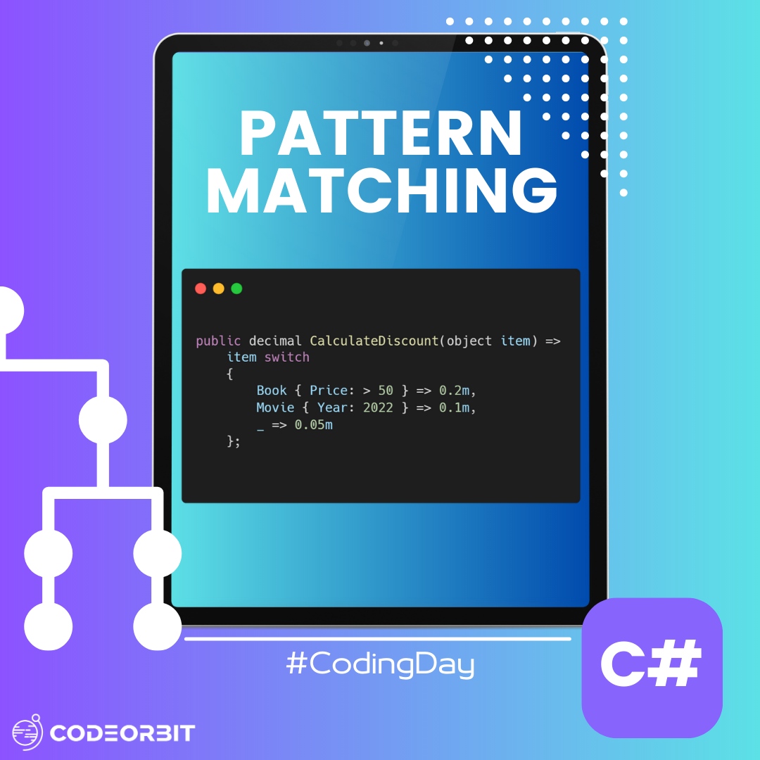 CodeOrbitAT's tweet image. Pattern Matching Power-Up! 🔍 Take advantage of C# 9's Pattern Matching enhancements to check complex patterns and work with improved Switch-Expressions. #CSharp9 #PatternMatching #CodeOrbit #CodingDay