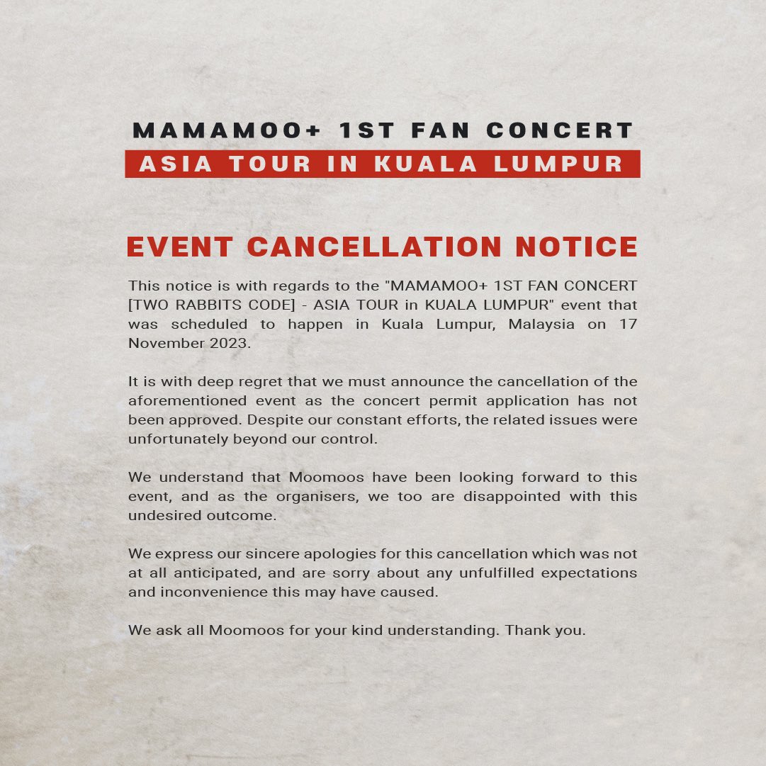 ckstarmy's tweet photo. MAMAMOO+ 1ST FAN CONCERT [TWO RABBITS CODE] - ASIA TOUR in KUALA LUMPUR - Event Cancellation Notice https://t.co/YQrfeh9JBW