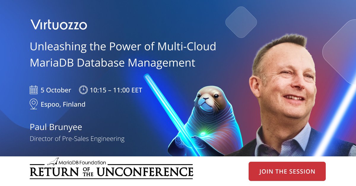 VirtuozzoInc's tweet image. Our sales engineer Jedi, Paul Brunyee, will be talking multi-cloud DBaaS at the 2023 @mariadb_org  Foundation [Un]Conference. Reply if you’ll be there!
mariadb.org/multi-cloud/

#mariadb #dbaas #dbpaas #multicloud #finland