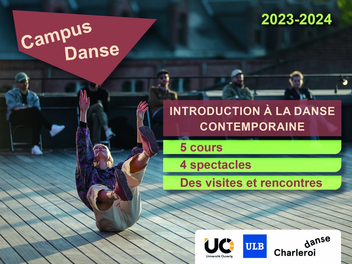 🩰#CampusDanse #Charleroi
❔5 séances d'intro à la danse contemporaine par <a href="/ver_elo/">Elodie Verlinden</a> (<a href="/ULBruxelles/">Université libre de Bruxelles</a>)+4 spectacles <a href="/charleroidanse/">Charleroi danse</a>
🗓️10/23 à 04/24
➡️Gratuit &amp; ouvert à tou·tes
✏️info&amp;inscription: campus-danse.be
<a href="/ULBruxelles/">Université libre de Bruxelles</a> Université ouverte <a href="/charleroi_u/">CampusUCharleroi</a> <a href="/charleroidanse/">Charleroi danse</a>