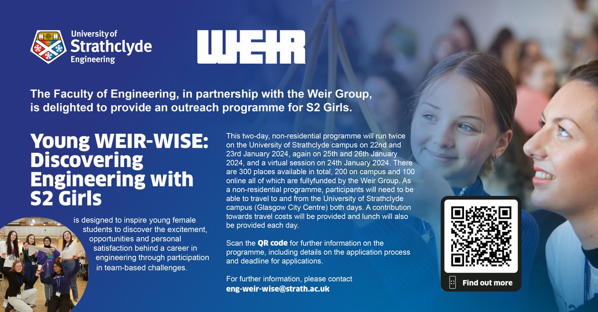 📢Applications are NOW OPEN to all S2 girls in Scotland for our Young WEIR WISE programme.

300 places available, with 200 girls attending on campus and 100 attending virtually in January.

An amazing opportunity to find out more about Engineering study bit.ly/YWW2024