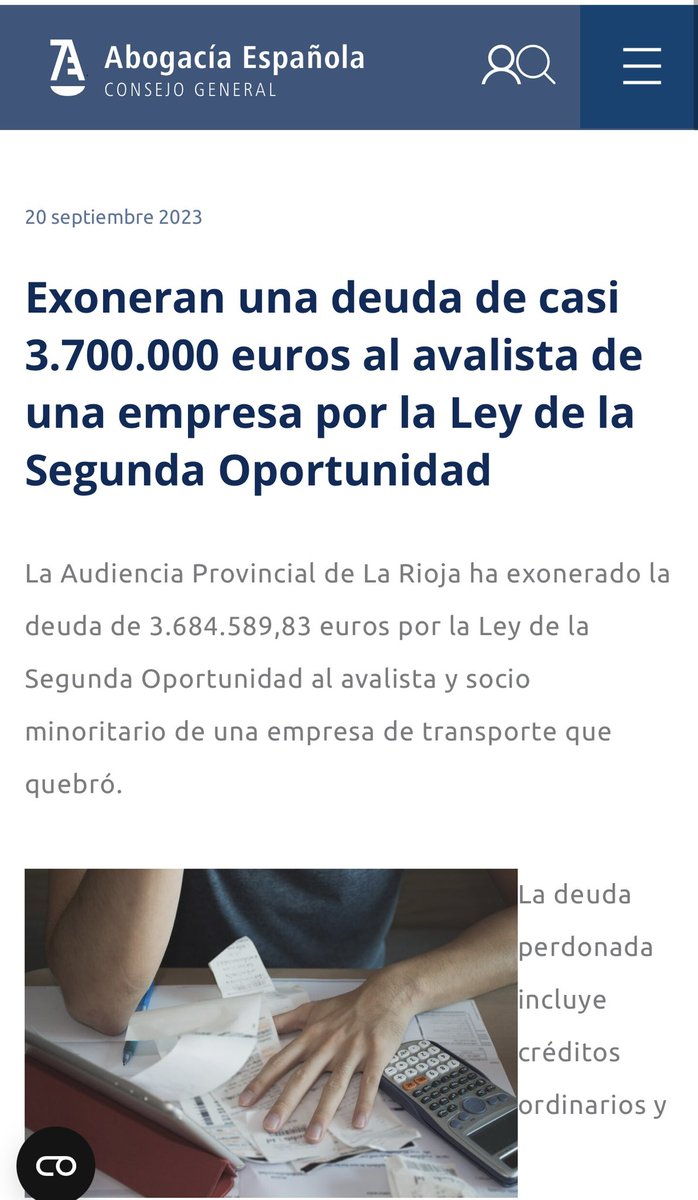 La Audiencia Provincial de La Rioja exonera una deuda de 3.7 millones de euros al avalista de una empresa gracias a la Ley de la Segunda Oportunidad. Una decisión que alivia la carga financiera y ofrece un nuevo comienzo. 💼💰 #SegundaOportunidad #DeudaExonerada